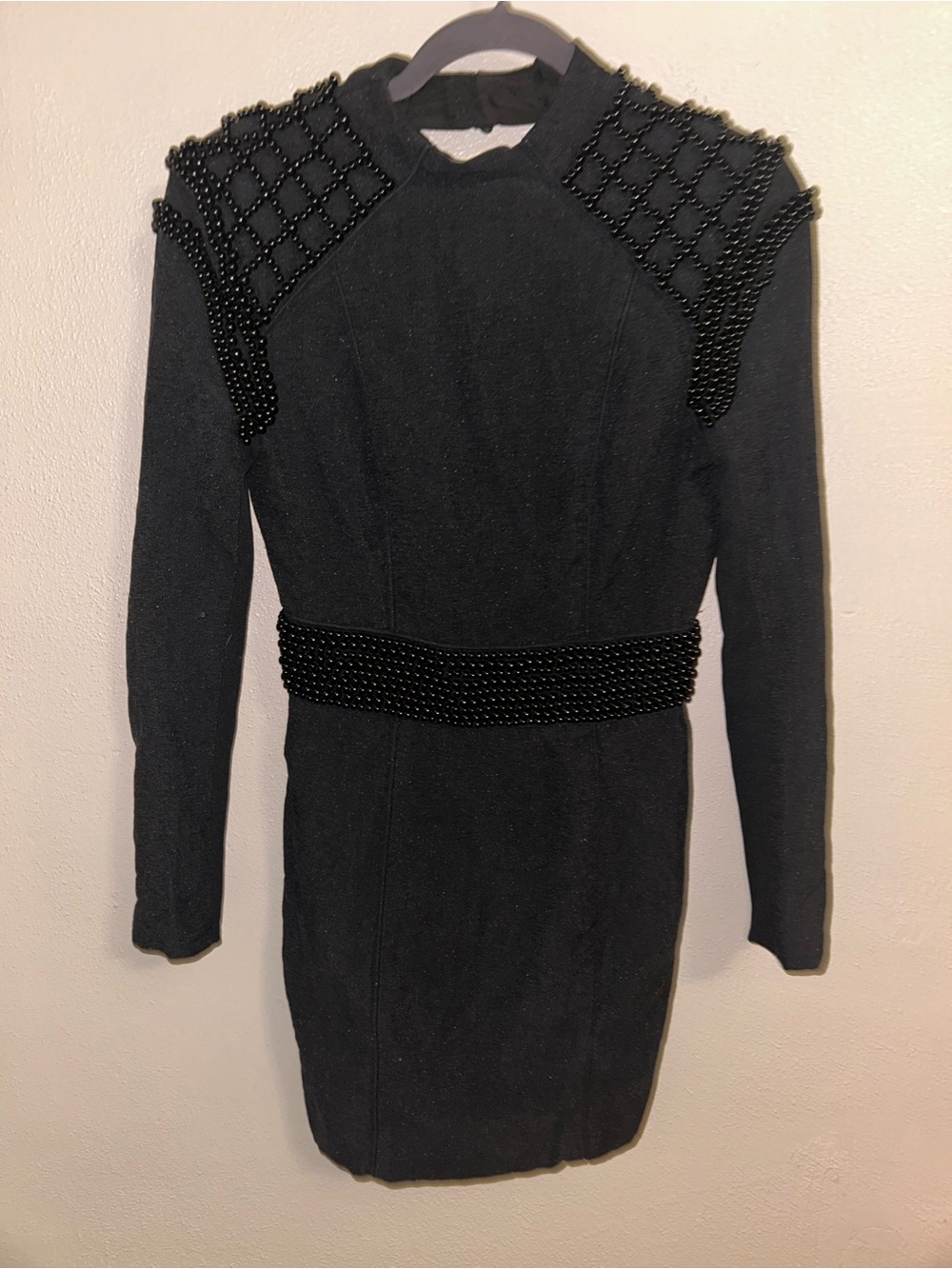 Fame and Partners Black Beaded-Shoulder backless Long Sleeve mini Dress goth